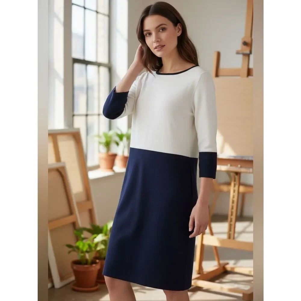 NEW St.ย John Collection Vintage Cream Navy Colorblock SantanaโWool Midi Dress 12